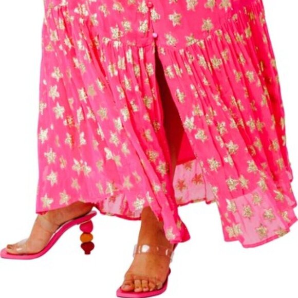 Ciebon Hot Pink Gold Loxi Metallic Star Print Maxi Dress - Picture 2 of 9